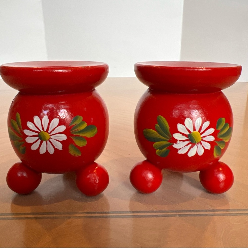 Hand painted SwedishVibrant Red Floral Candle Holders